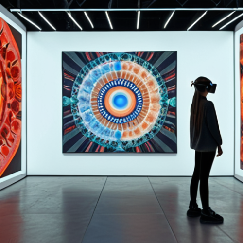 Home 4 An immersive, avant-garde digital art exhibition set in a vast, boundless virtual gallery, featuring contemporary Belgian art. The artworks, generated by Artificial Intelligence and experienced through Virtual Reality, are interactive and dynamically respond to observer presence. The visuals incorporate glowing, ethereal aesthetics, subtly addressing themes of sustainability and cultural diversity, transforming the virtual space into a living, evolving canvas that pushes the boundaries of traditional art.