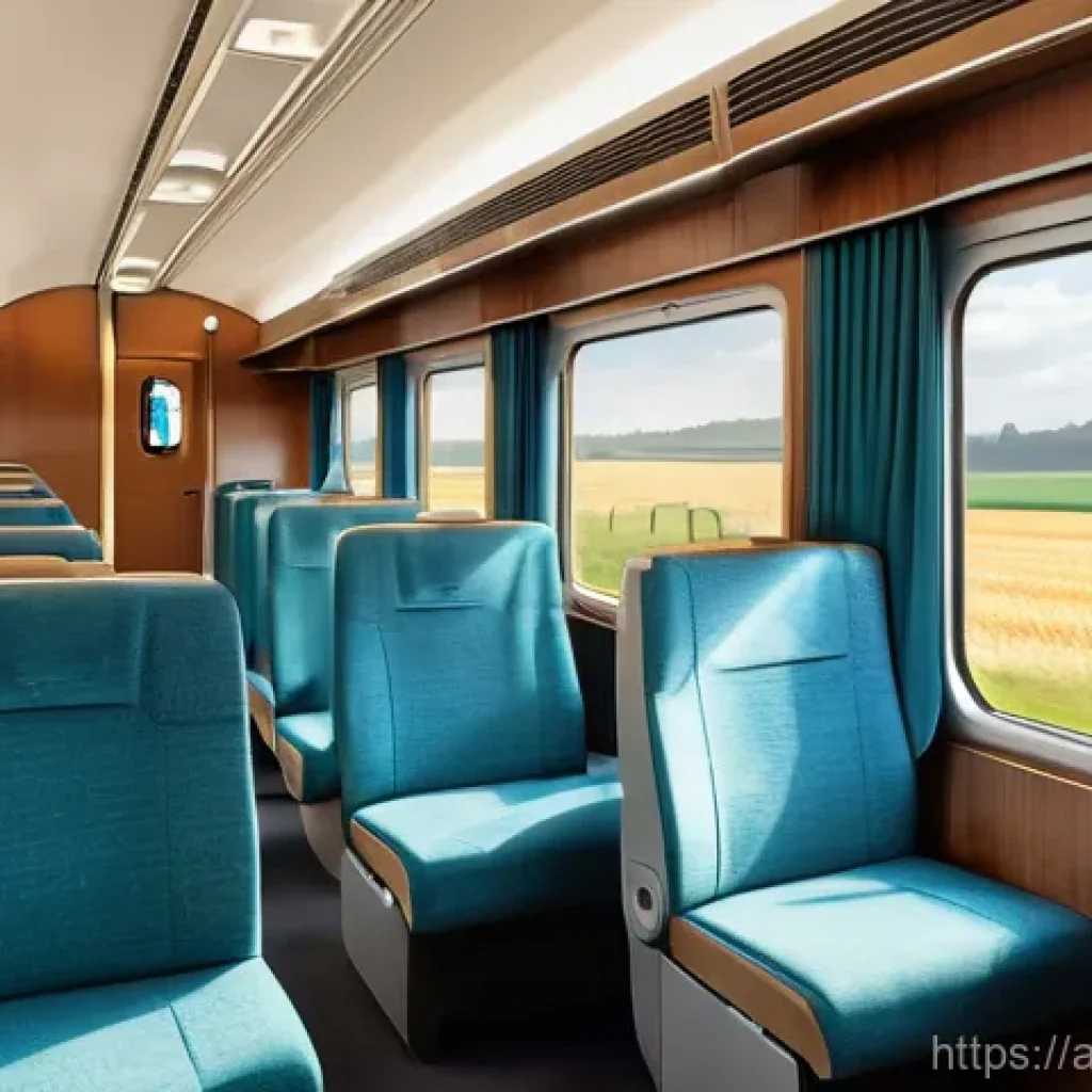 벨기에 철도 여행 - A serene and comfortable interior of a modern Belgian train carriage. Sunlight streams through a lar...