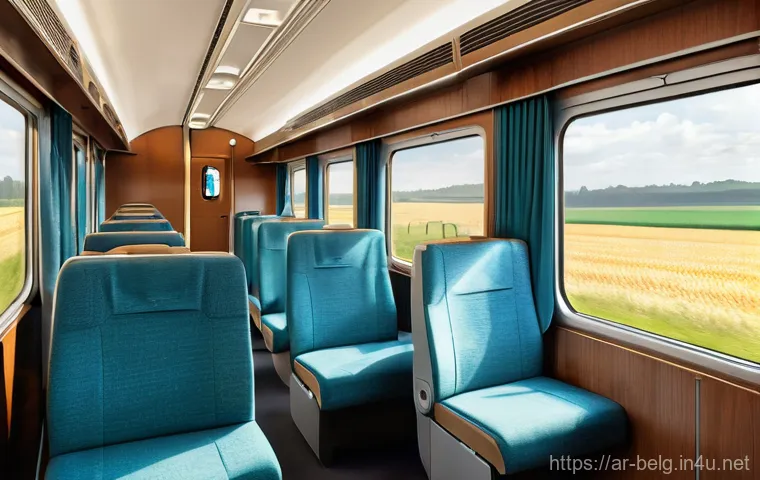 벨기에 철도 여행 - A serene and comfortable interior of a modern Belgian train carriage. Sunlight streams through a lar...