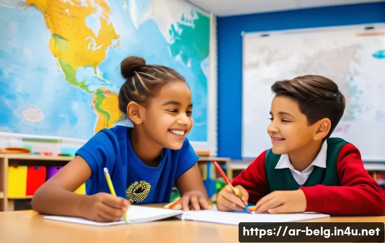 벨기에 국제학교 - A vibrant and inclusive scene inside a modern international school classroom in Belgium. Children, a...